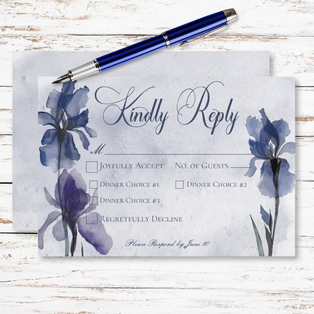 Cartão RSVP Janto Azul Iris Flores Moderno Azul de Casamento (Blue Iris Flowers Modern Blue Wedding Dinner RSVP Card)