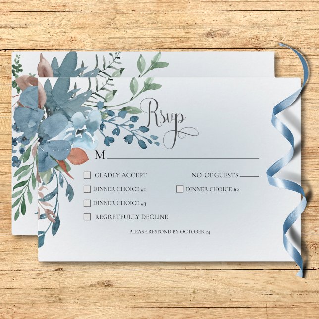 Cartão RSVP Janto Branco Boho Rust & Blue Floral Wedding (Boho Rust & Blue Floral Wedding White Dinner RSVP Card)