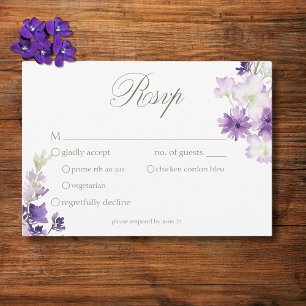 Cartão RSVP Janto Casamento Branco de Flores Selvagens Roxas