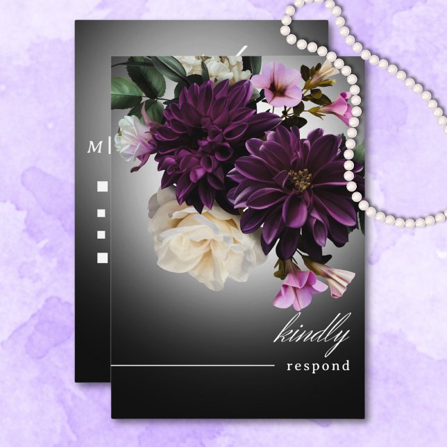 Cartão RSVP Janto Dark Moody Midnight Purple Floral Romance (Dark Moody Midnight Purple Floral Romance Dinner RSVP Card)