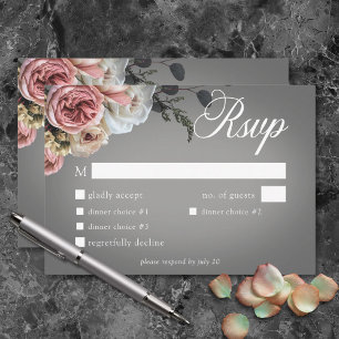 Cartão RSVP Janto de Casamento de Cinza Floral Branca Elegante