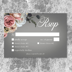 Cartão RSVP Janto de Casamento de Cinza Floral Branca Elegante