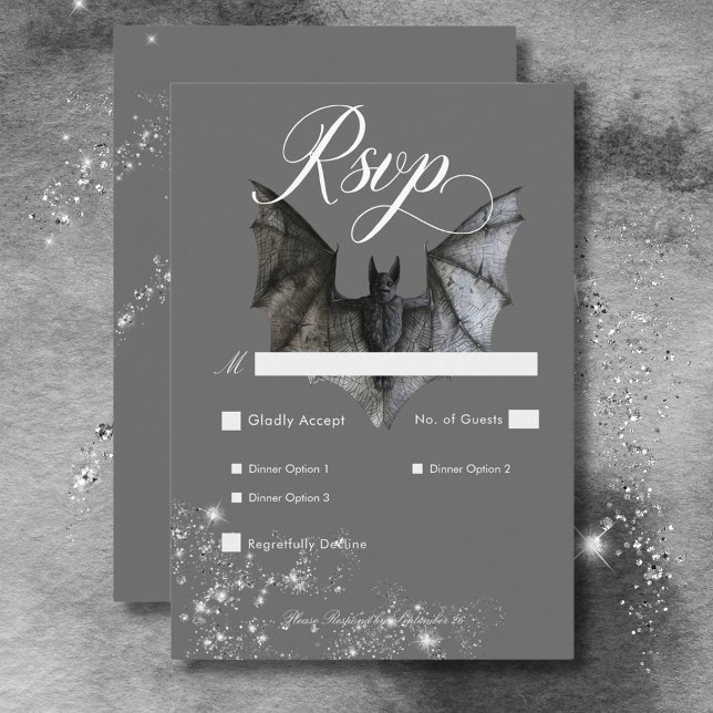 Cartão RSVP Janto de Casamento de Glam Bat e Diamantes do Dia  (Dark Halloween Glam Bat & Diamonds Wedding Dinner RSVP Card)