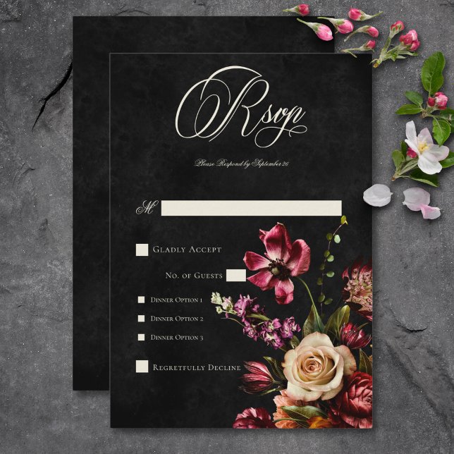 Cartão RSVP Janto de Casamento Floral do outono de Outono Escu (Dark Elegant Autumn Floral Wedding Dinner RSVP Card)
