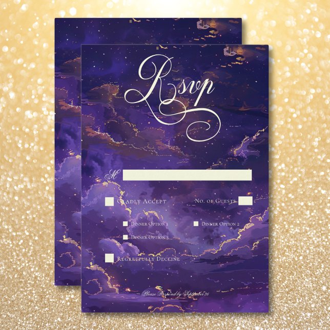 Cartão RSVP Janto de Nuvens Luminosas Douradas e Roxas Escuras (Dark Moody Purple & Gold Moonlit Clouds Dinner RSVP Card)