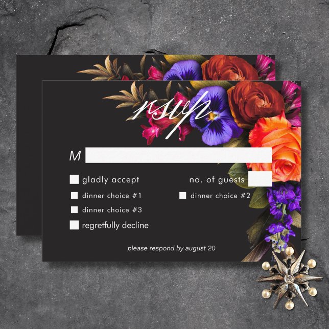 Cartão RSVP Janto Floral Elegante Moody Vibrant Harvest (Elegant Moody Vibrant Harvest Floral Dinner RSVP Card)