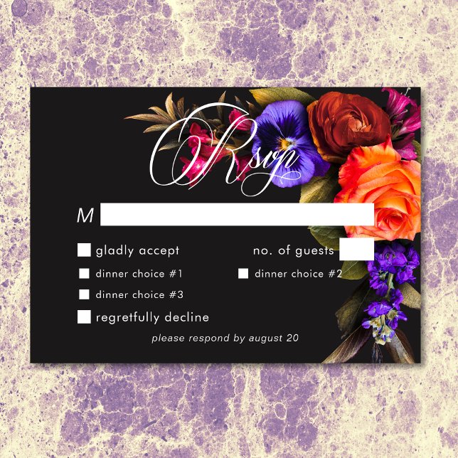 Cartão RSVP Janto Floral Elegante Moody Vibrant Harvest (Elegant Moody Vibrant Sunset Floral Dinner RSVP)