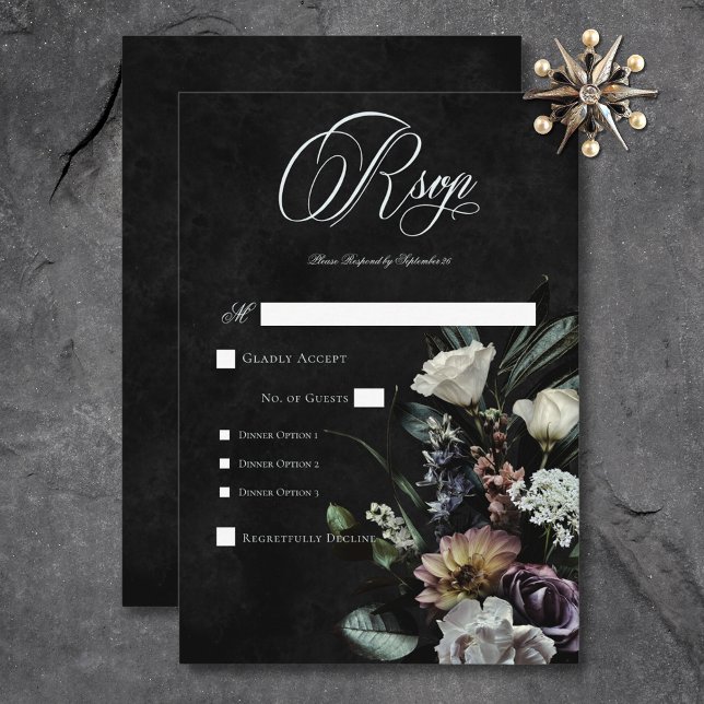 Cartão RSVP Janto Floral Misterioso Muted Gothic Escuro (Dark Gothic Mysterious Muted Floral Dinner RSVP Card)