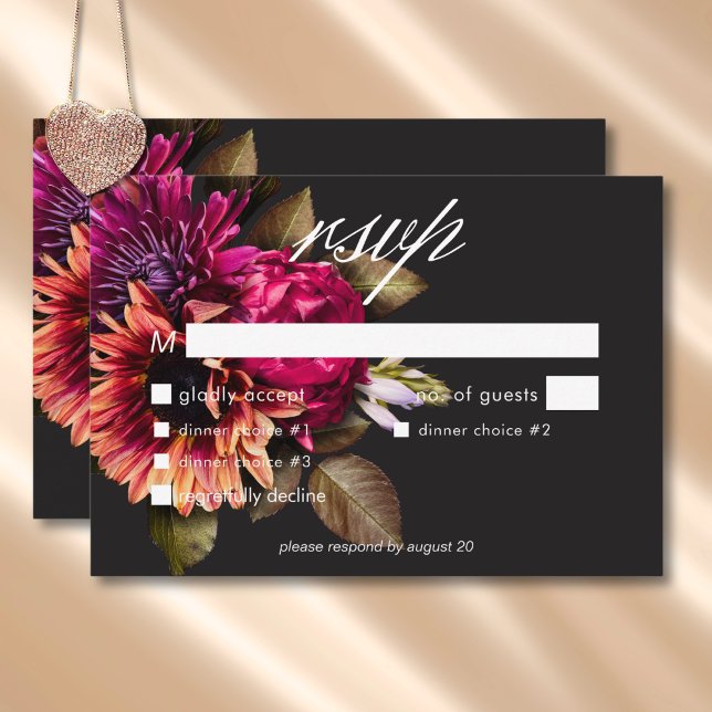 Cartão RSVP Janto Floral Sunset Elegante Moody Vibrant (Elegant Moody Vibrant Sunset Floral Dinner RSVP Card)