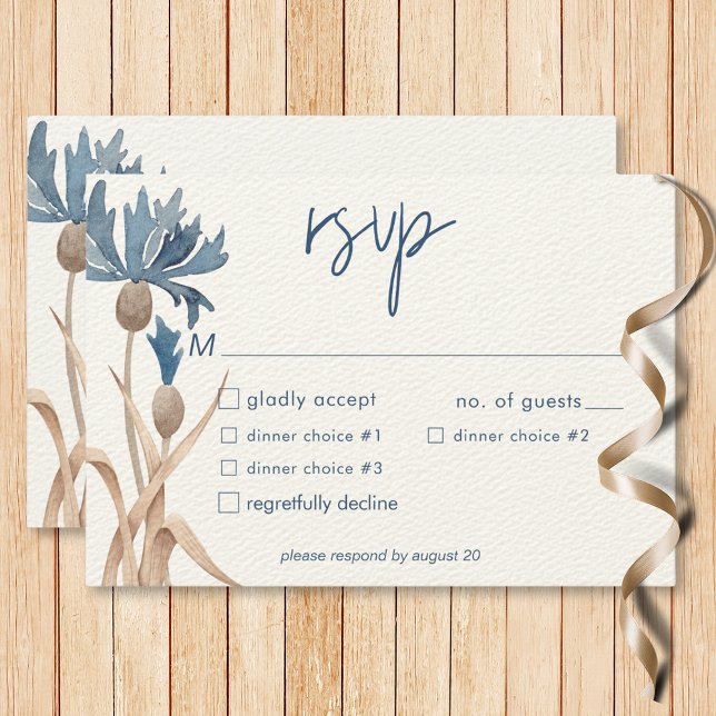 Cartão RSVP Janto Moderno do Campo Azul de Cornualha e Trigo (Blue Cornflowers & Wheat Field Modern Dinner RSVP Card)