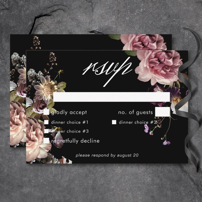 Cartão RSVP Janto Preto Floral Orgulhoso Opulente de Pastel Es (Dark Moody Pastel Opulent Floral Black Dinner RSVP Card)
