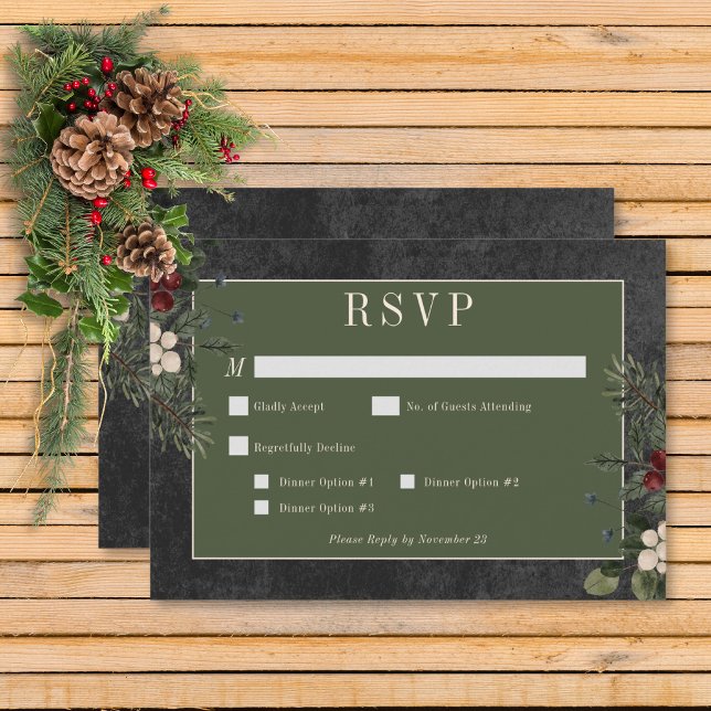 Cartão RSVP Janto Russo Berries de inverno e Pinheiro Negro (Rustic Winter Berries & Pine Black Wedding Response Card with Dinner Options)