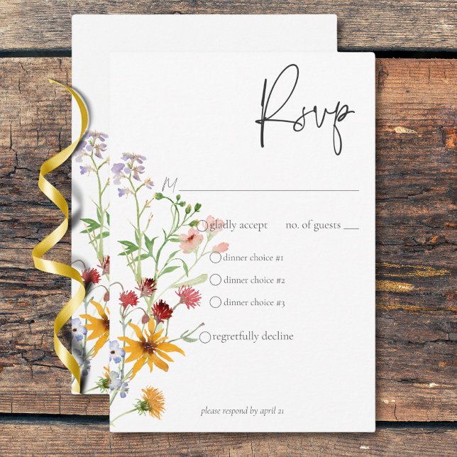 Cartão RSVP Janto Russo de Flores Selvagens e Girassóis (Rustic Summer Wildflowers & Sunflowers Dinner RSVP Card)