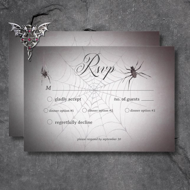 Cartão RSVP Janto Rustic Black & Burgundy Halloween (Rustic Gothic Black & Burgundy Halloween Dinner RSVP Card)