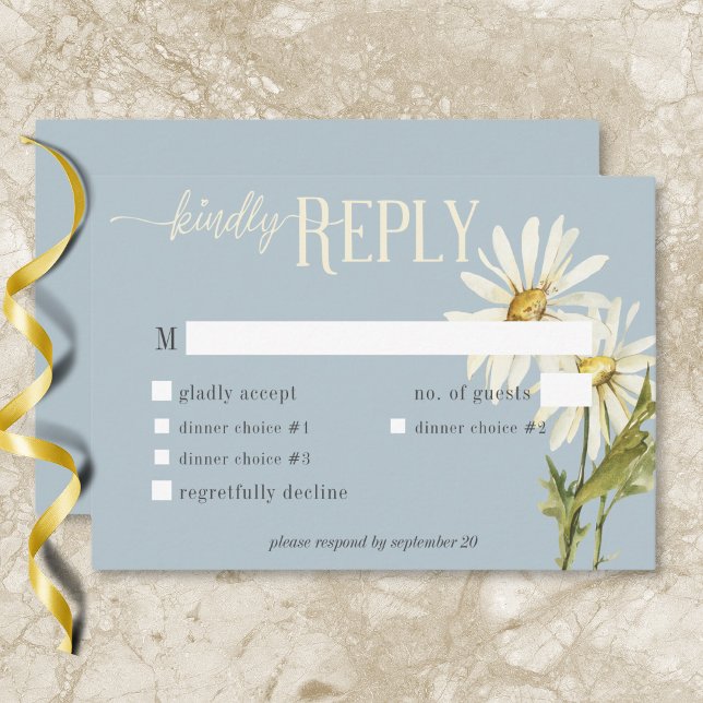 Cartão RSVP Janto Rustic Blue & White Daisies (Rustic Blue & White Daisies Dinner RSVP Card)