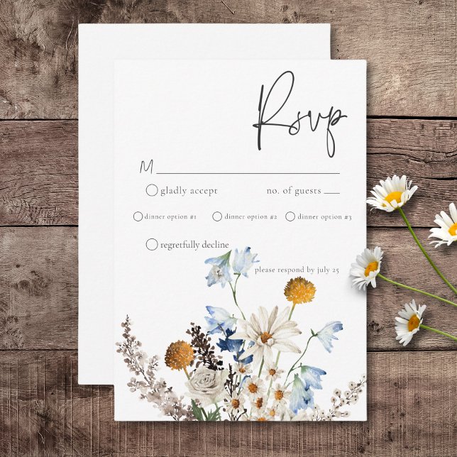 Cartão RSVP Janto Rustic Dusty Blue Selvagens & Daisies (Rustic Dusty Blue Wildflowers & Daisies Wedding Response Card with Dinner Options)
