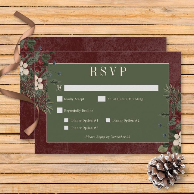Cartão RSVP Janto Rustic Winter Berries & Pine Burgundy (Rustic Winter Berries & Pine Burgundy Wedding Wedding Response Card with Dinner Options)