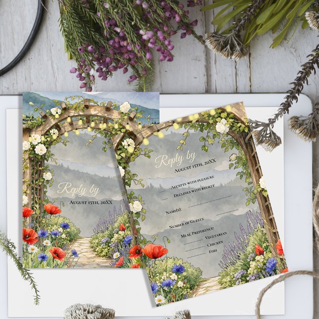 Cartão RSVP Jardim de Flores Silvestres Arbor Casamento Rústic (Wildflower Garden Arbor Wedding RSVP Card | Rustic Floral Response Card)