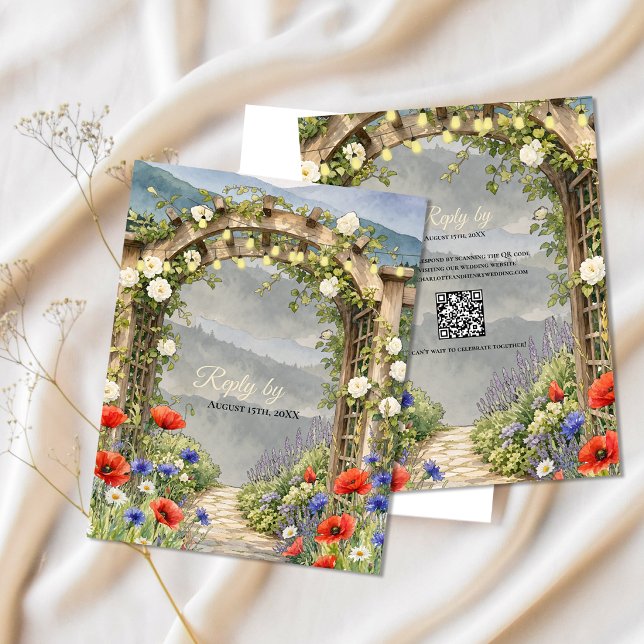 Cartão RSVP Jardim de Flores Silvestres Arvore Rústica Código  (Wildflower Garden Arbor Wedding RSVP QR Code Card | Rustic Floral Response Card)