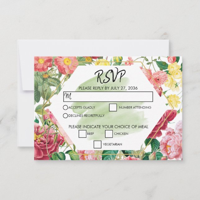 Cartão RSVP Jardim Floral, Aquarela e Casamento Geométrico RSV (Frente)