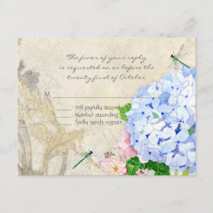 Cartão RSVP Jardim Inglês, Blue n Pink Hydrangeas Watercolor