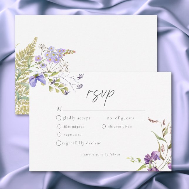 Cartão RSVP Jardim Romântico de Flores Silvestres de Lavanda C (Lavender Wildflower Garden Romantic White Wedding RSVP Card)