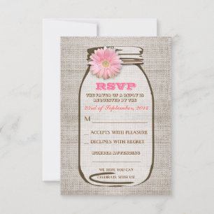 Cartão RSVP Jarra de Pedra Rustica em Burel Rosa Gerbera Casam