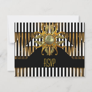 Cartão RSVP Joia Art Deco Preta Amarela Dourada com Listra RSV