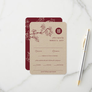 Cartão RSVP Kraft E Red Plum Blossoms Moderno Casamento Asiáti