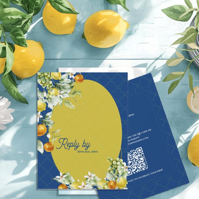 Cartão RSVP La Dolce Vita Citrus Blue Gold QR Code Wedding (La Dolce Vita Citrus Blue Gold QR Code Wedding RSVP Card)