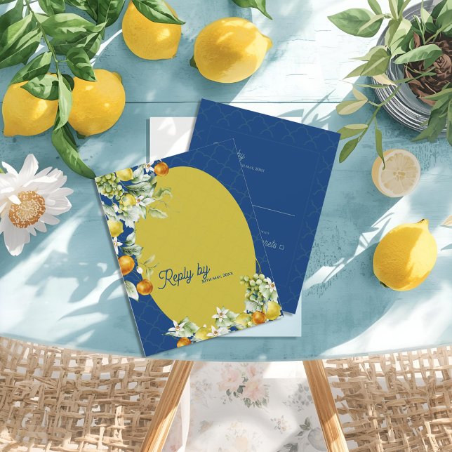 Cartão RSVP La Dolce Vita Citrus Luxe Blue Gold Wedding Reply (La Dolce Vita Citrus Luxe Blue Gold Wedding Reply RSVP Card)