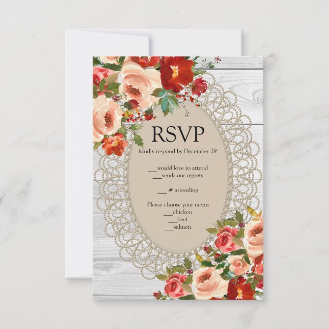Cartão RSVP Lace de Madeira Branca Flores Vermelhas Rosas Rúst (Frente)