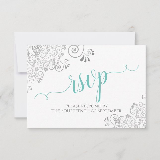 Cartão RSVP Lacy Silver & Aqua em Casamento de Script Elegante (Frente)