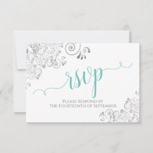 Cartão RSVP Lacy Silver & Aqua em Casamento de Script Elegante