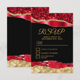 Cartão RSVP Lágrimas Glam de Ouro e Vermelho Sweet Sixteen
