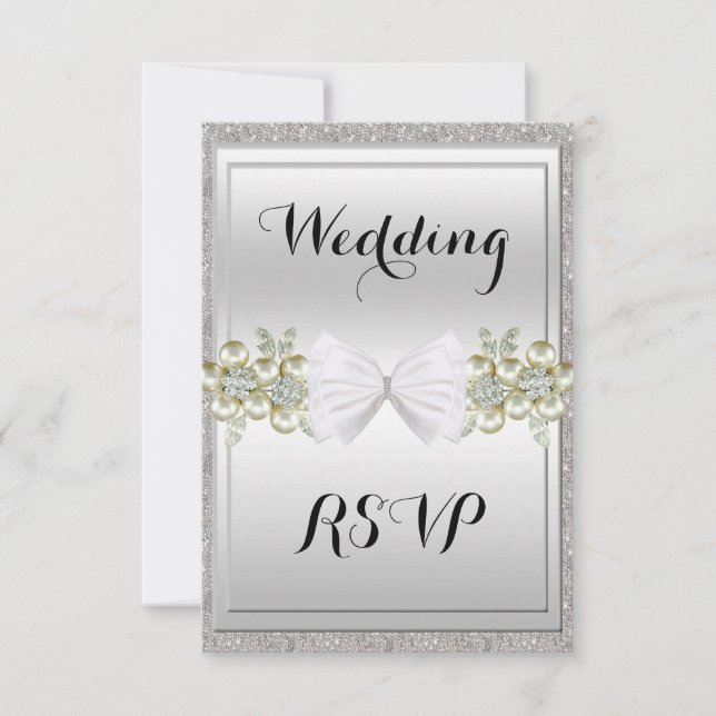 Cartão RSVP Lantejoulas Prateadas e Joias Florais Glitter Bow  (Frente)