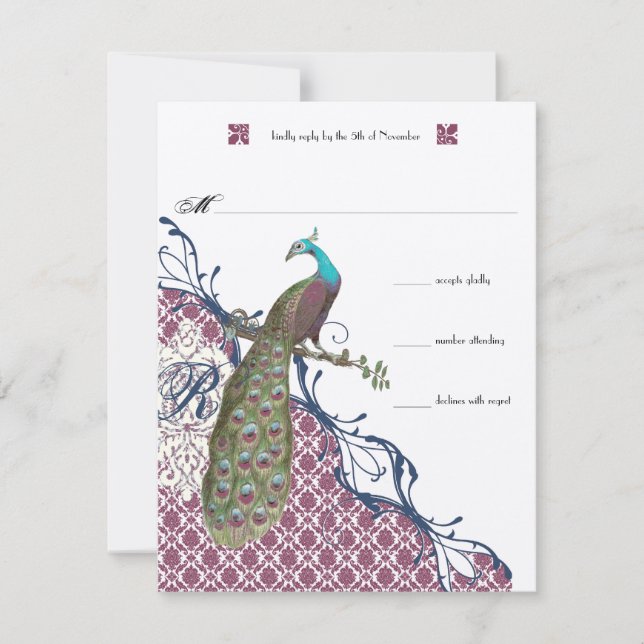 Cartão RSVP Lapis Blue Raspberry Damask Peacock Casamento (Frente)