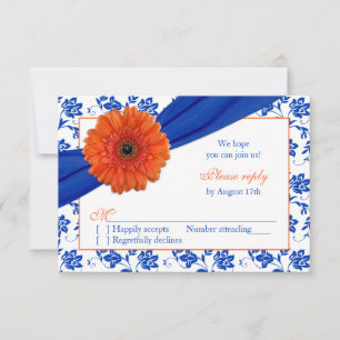 Cartão RSVP Laranja Gerber Cobalto Damasko Floral Casamento RS