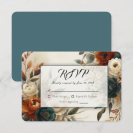 Cartão RSVP Laranja Queimado e Flores de Outono Azuis para Cas