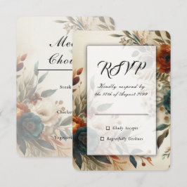 Cartão RSVP Laranja Queimado e Flores de Outono Azuis para Cas