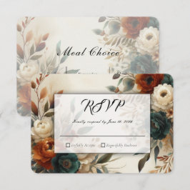 Cartão RSVP Laranja Queimado e Flores de Outono Azuis para Cas