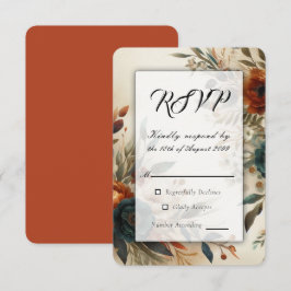 Cartão RSVP Laranja Queimado e Flores de Outono Azuis para Cas