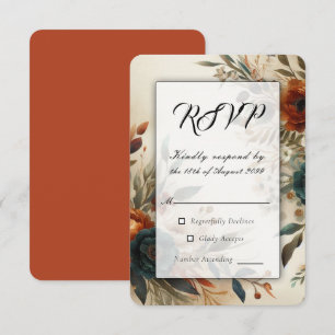 Cartão RSVP Laranja Queimado e Flores de Outono Azuis para Cas