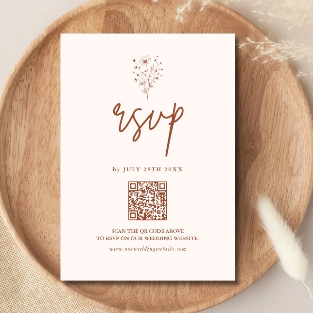 Cartão RSVP Laranja Queimado Rústico Código QR Elegante Boho C (Rustic burnt orange boho QR code RSVP card simplifies guest replies with warm personalized charm)