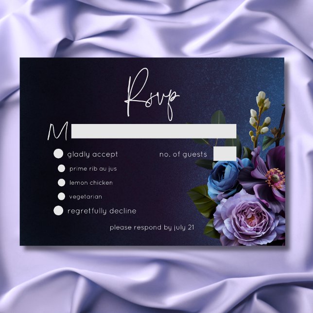 Cartão RSVP Lavanda Azul Escuro Casamento Moderno Floral Moder (Dark Moody Blue Lavender Floral Modern Wedding RSVP Card)