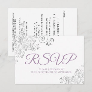 Cartão RSVP Lavanda e Branco Renda Prateada Elegante Casamento