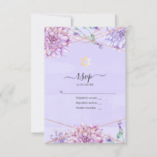 Cartão RSVP Lavanda e Dourado Floral Geométrico Bat Mitzvah