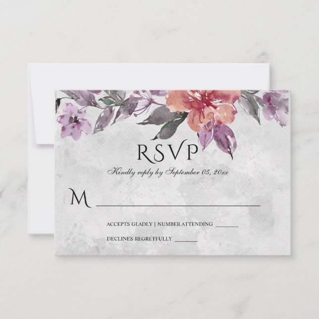 Cartão RSVP Lavanda Elegante Pêssego Pêssego Aquarela (Frente)