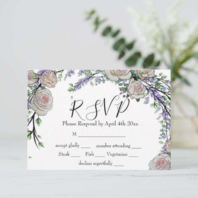 Cartão RSVP Lavanda Eucalyptus rosas brancas verde (Em pé/Frente)