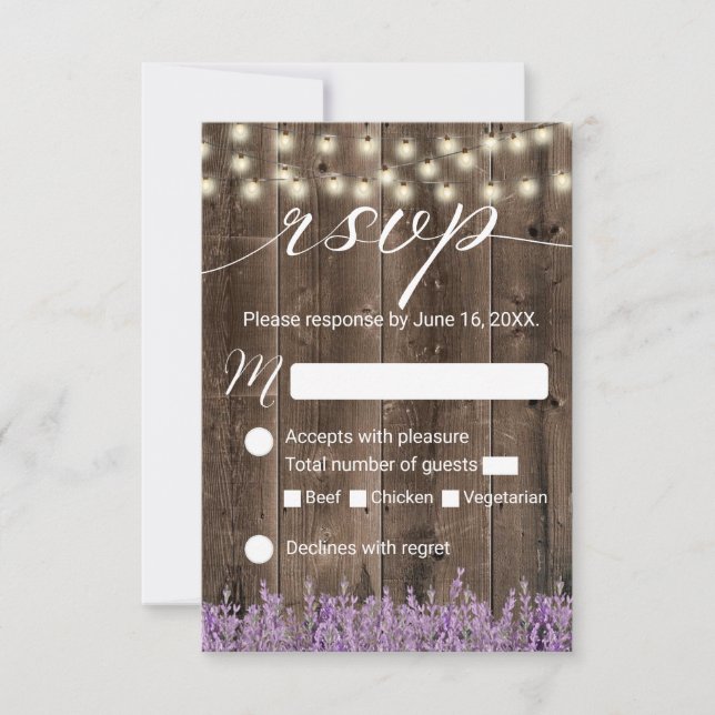 Cartão RSVP Lavanda Floral Rustic String Luzes de Casamento RS (Frente)